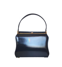 Load image into Gallery viewer, Denim and Navy Patent Leather Top Handle Satchel Handbag
