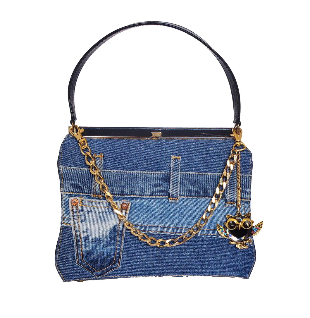 Denim and Navy Patent Leather Top Handle Satchel Handbag