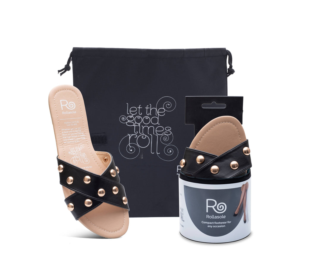 Women's Black Criss-cross Foldable Sandal with Gold Studs By Rollasole - Show Stopper