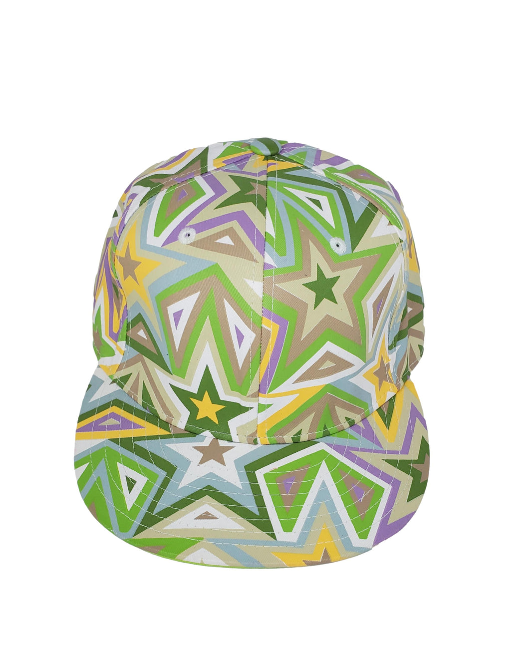 Women's Green/Yellow Starburst Print Flat Brim Fitted Baseball Hat