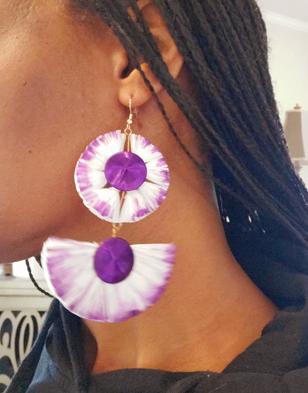 Purple and White Rafia/Silk String Dangle Earrings