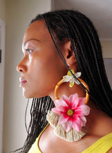 Load image into Gallery viewer, Handcrafted Pink Floral &amp; Bamboo Oversized Earrings
