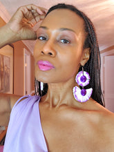 Load image into Gallery viewer, Purple and White Rafia/Silk String Dangle Earrings
