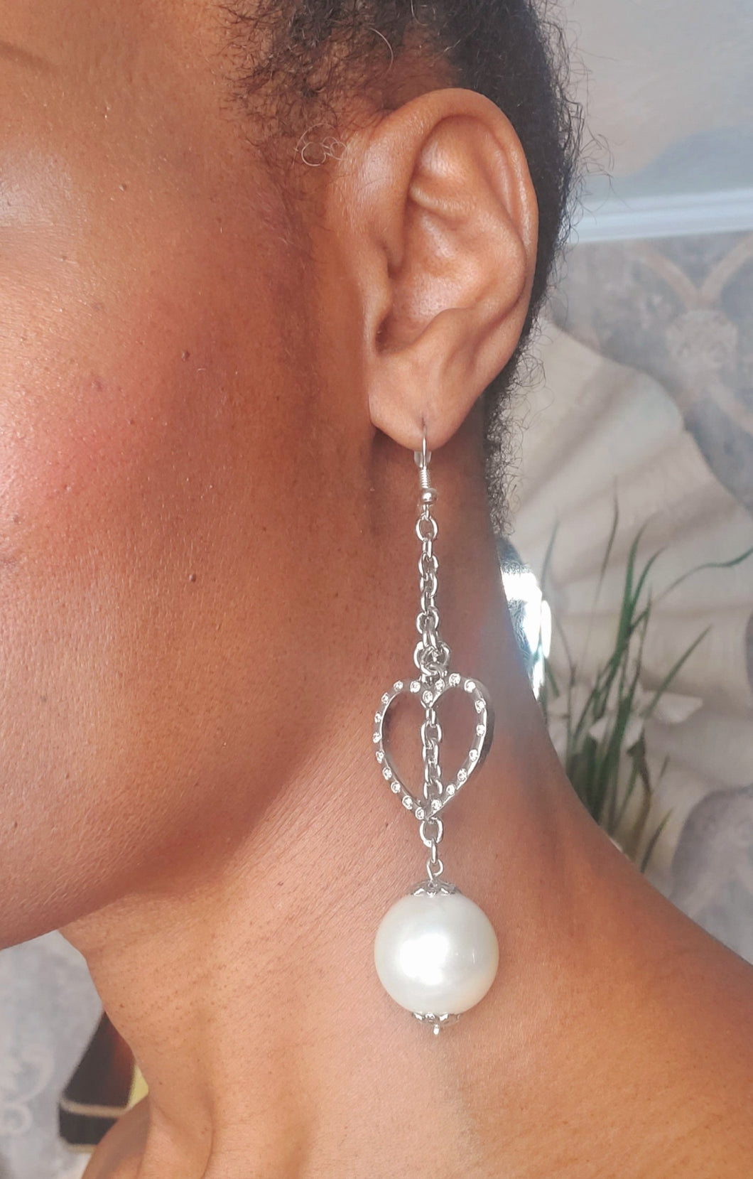 Handcrafted Faux Pearl Drop Earrings with Heart Dangle