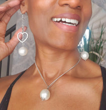 Load image into Gallery viewer, Handcrafted Faux Pearl Drop Earrings with Heart Dangle
