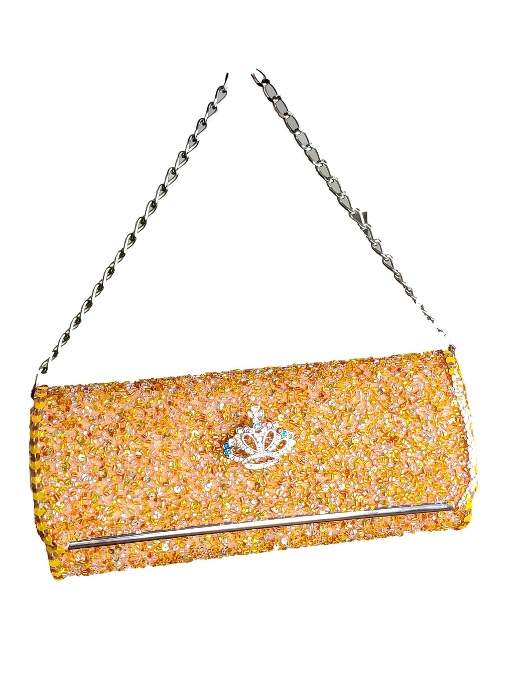 Women's Orange Top Handle Beaded Sequin Clutch Handbag
