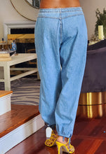 Load image into Gallery viewer, Women&#39;s Bespoke Drawstring Waist Blue Denim Patchwork Jogger Jeans
