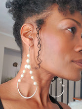 Load image into Gallery viewer, Handcrafted Faux White Pearl and Crystal Dangle Hoop Earrings
