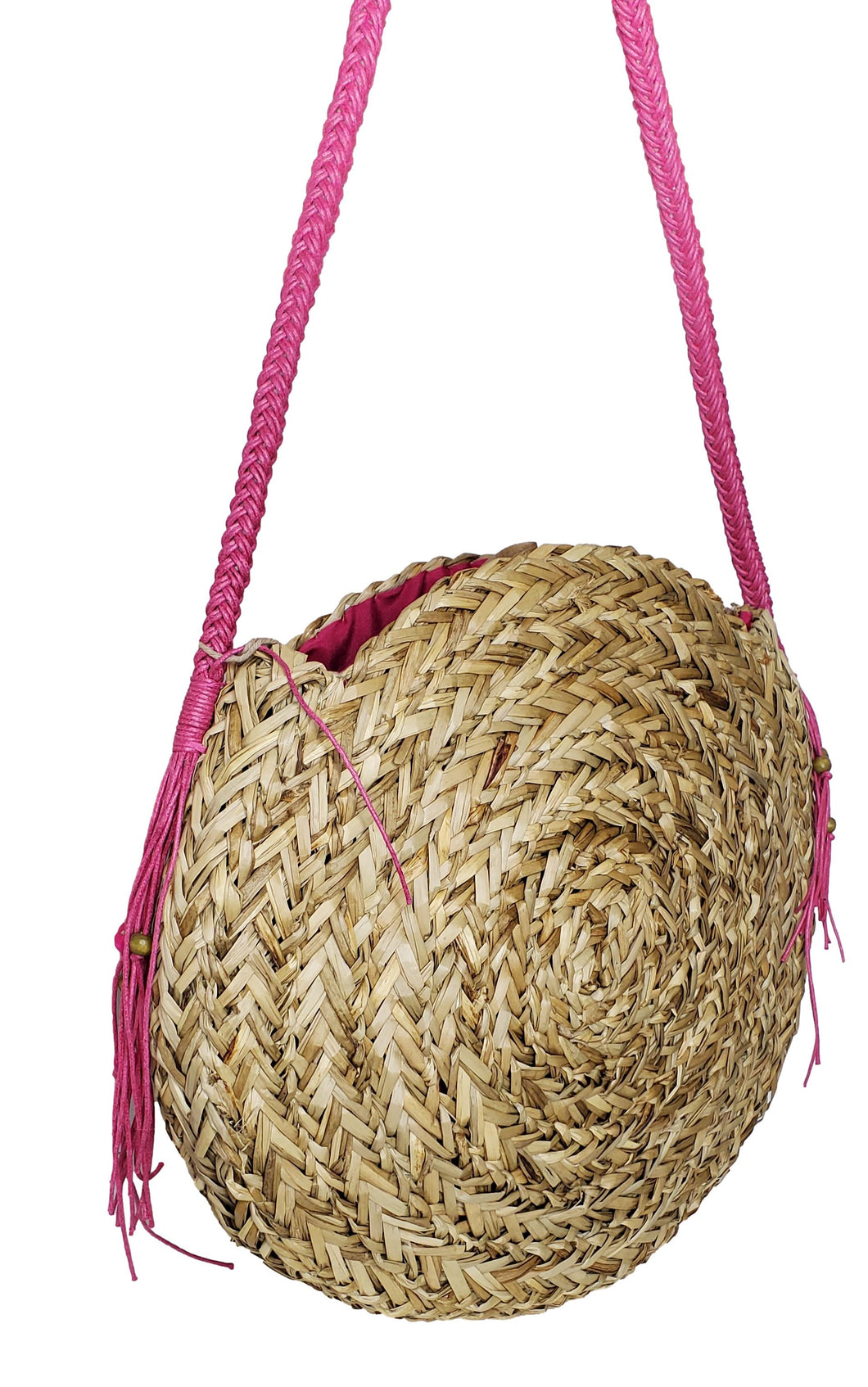 Women's Circular Straw Shoulder Handbag Tote with Pink Braided Handle
