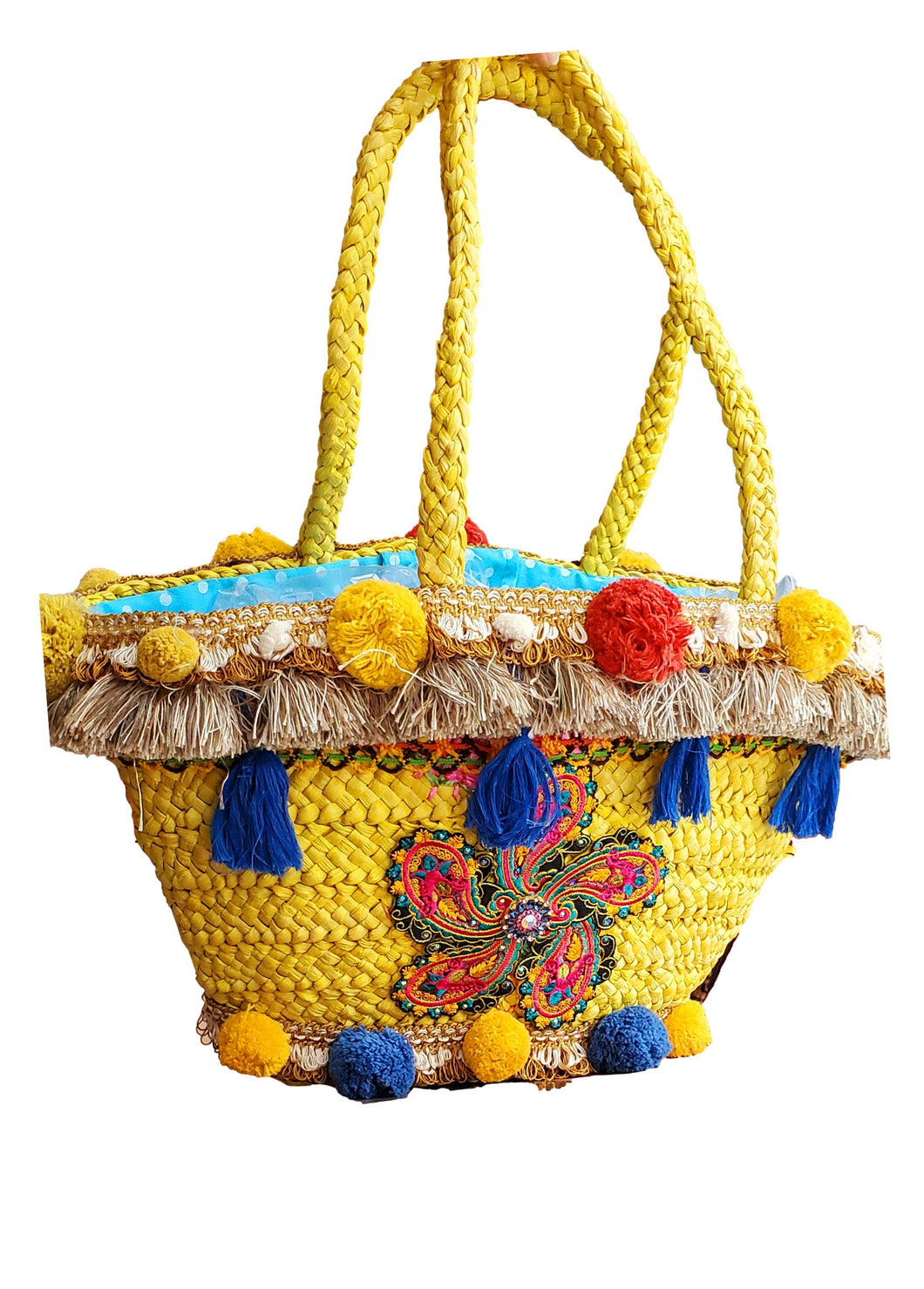 Yellow Embellished Straw Tote Bag