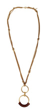 Load image into Gallery viewer, Knotted Gold Tone Chain Necklace with Eternity Circle Pendant Wrapped in Brown Leather
