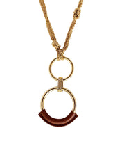 Load image into Gallery viewer, Knotted Gold Tone Chain Necklace with Eternity Circle Pendant Wrapped in Brown Leather
