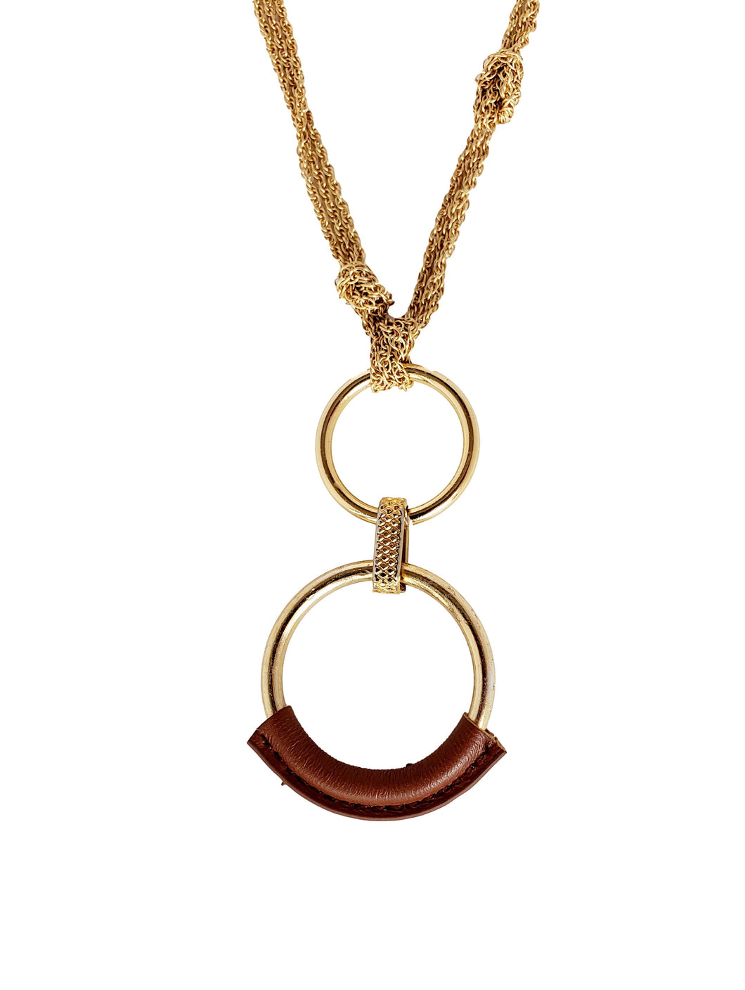 Knotted Gold Tone Chain Necklace with Eternity Circle Pendant Wrapped in Brown Leather