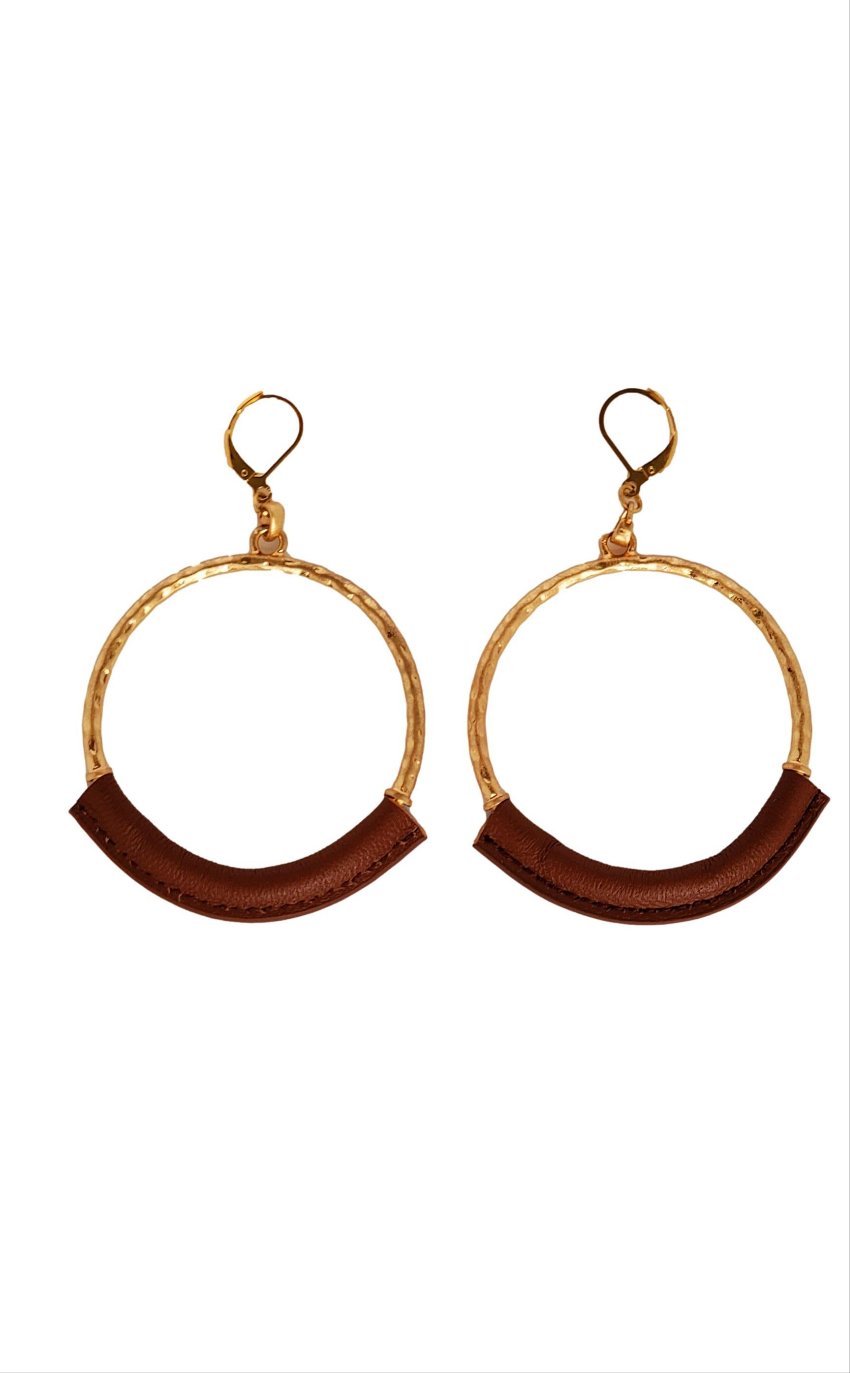 Women's Eternity Circle Hoop Earrings Wrapped in Brown Leather