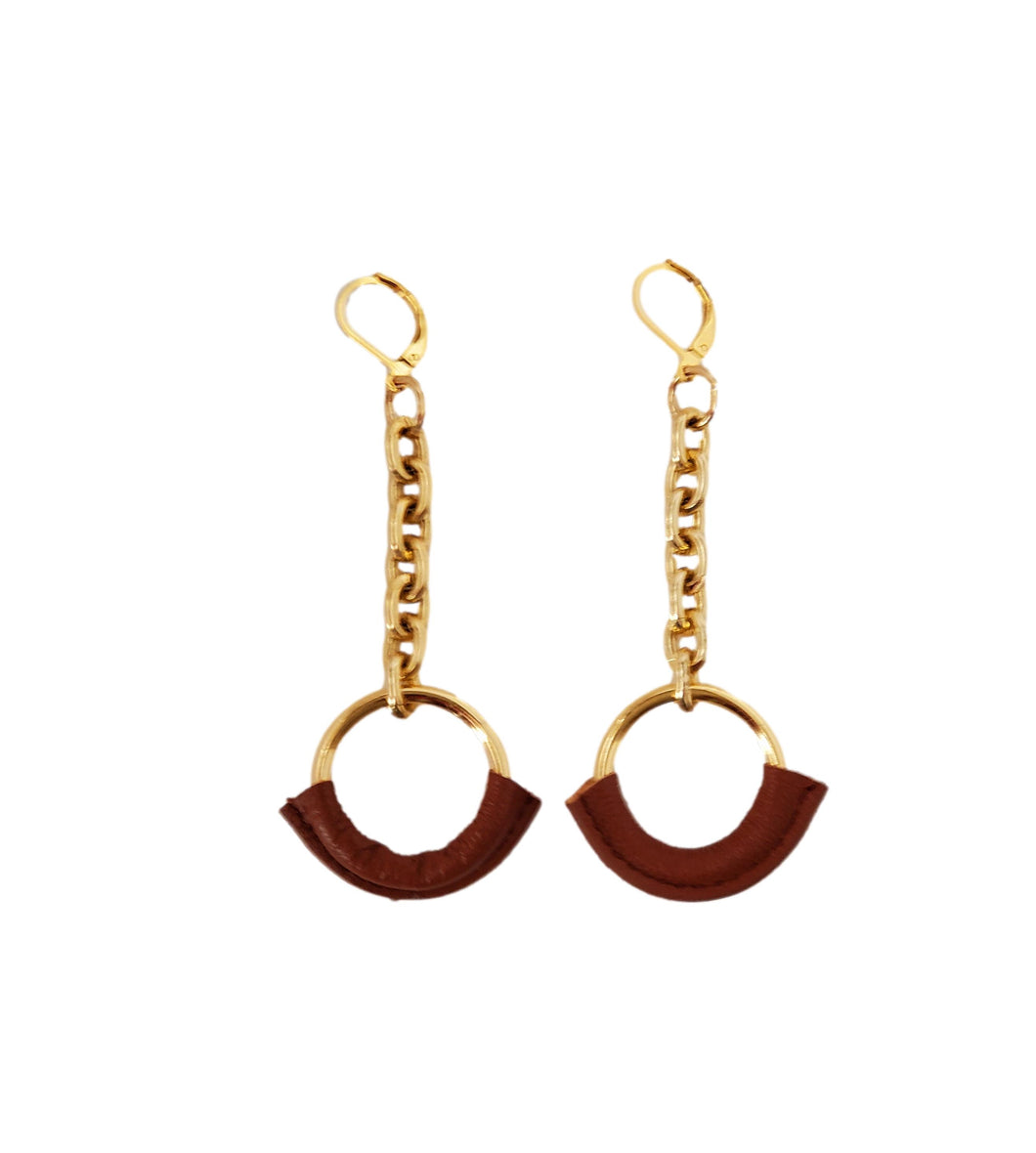 Women's Eternity Circle & Chain Hoop Earrings Wrapped in Brown Leather