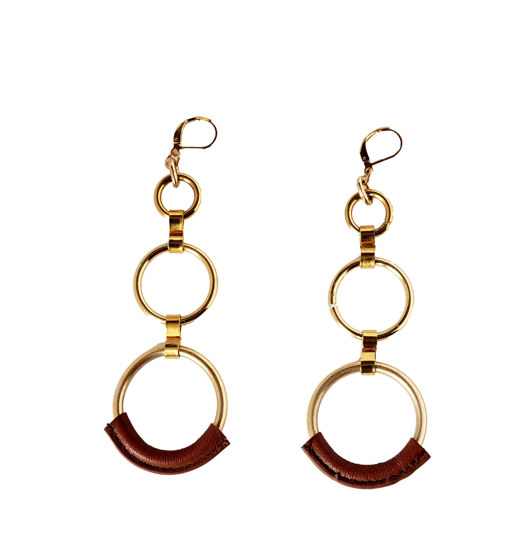 Women's Eternity Circle Triple Hoop Earrings Wrapped in Brown Leather