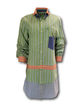 Load image into Gallery viewer, Women&#39;s Long Sleeve Hybrid Stripe Double Collar Button Down Shirt-Dress - Green Orange
