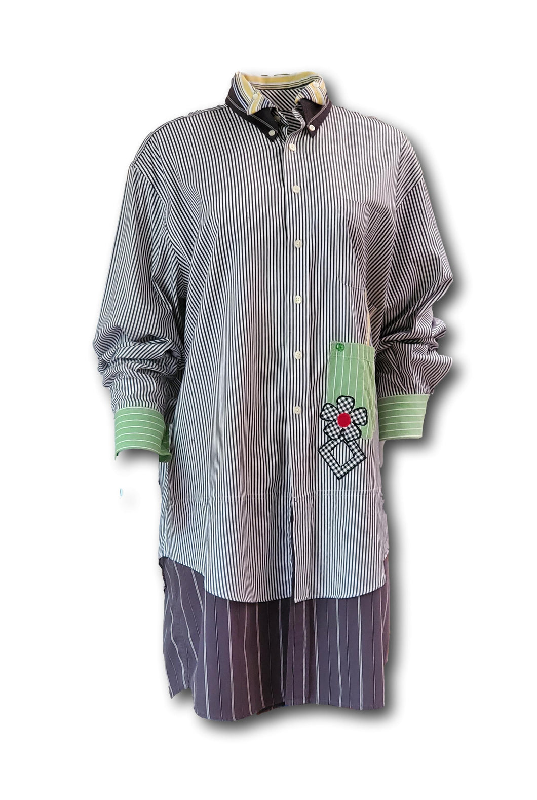 Women's Bespoke Long Sleeve Hybrid Stripe Double Collar Button Down Shirt-Dress - Black White Green