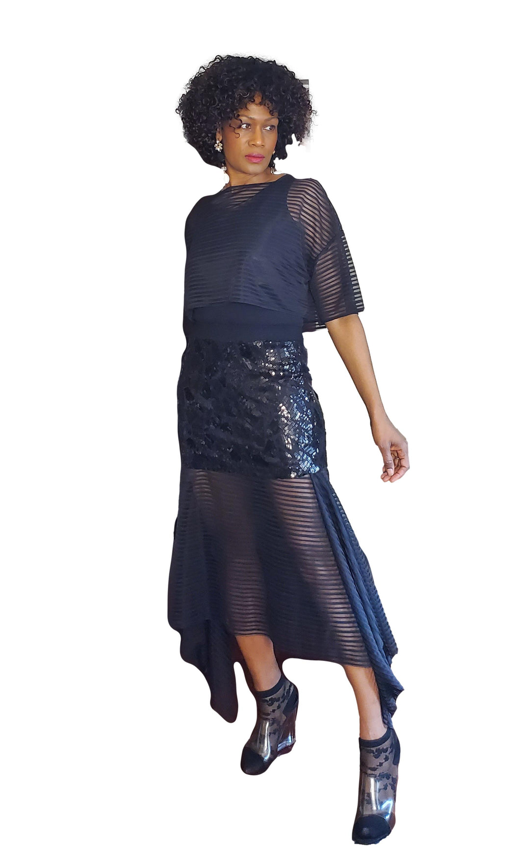 Women's Bespoke Black Sequin Midi Skirt With Sheer Flounce
