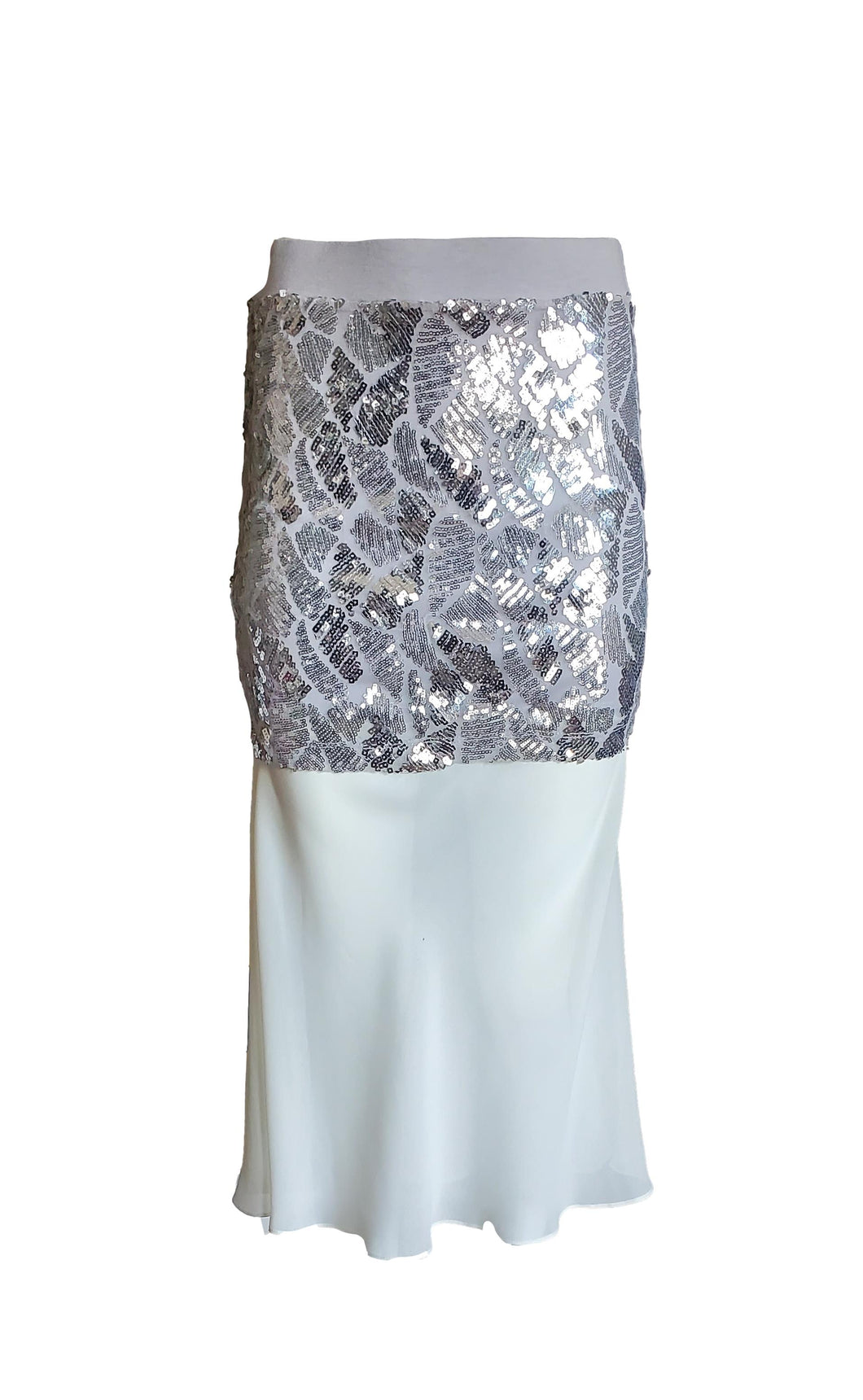 Women's Bespoke Silver Sequin Midi Skirt With White Sheer Flounce
