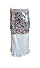 Load image into Gallery viewer, Women&#39;s Bespoke Silver Sequin Midi Skirt With White Sheer Flounce
