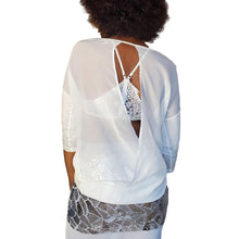 Load image into Gallery viewer, Women&#39;s White Three-Quarter Sleeve Sheer Open Back Blouse
