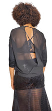 Load image into Gallery viewer, Women&#39;s Black Three-Quarter Sleeve Sheer Open Back Blouse
