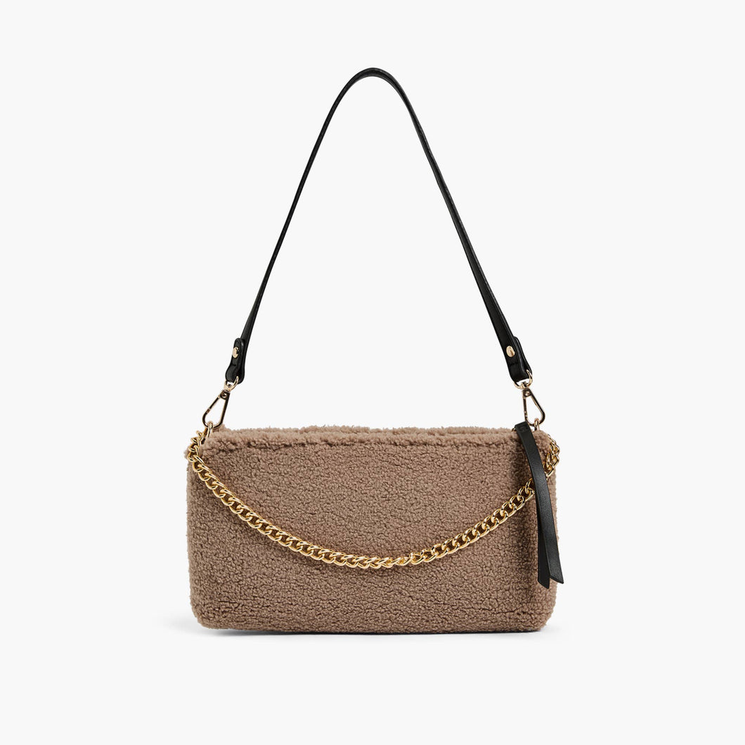Women's Taupe Brown Demi Envelope Sherpa Shoulder Bag