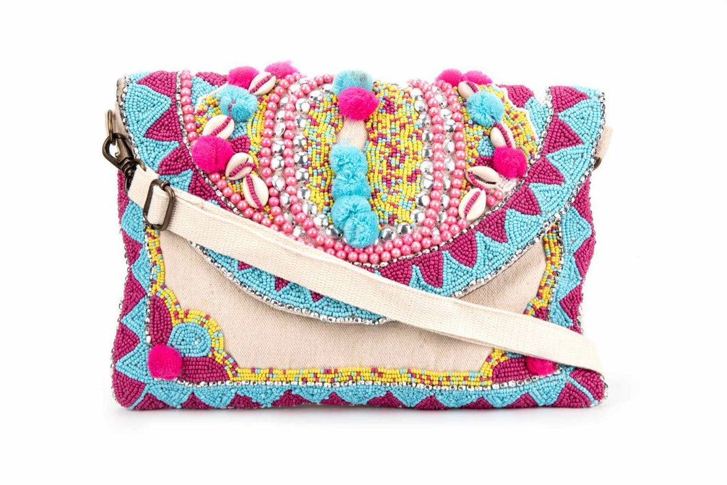 Colorful Beaded Embellished Clutch with Crossbody Strap