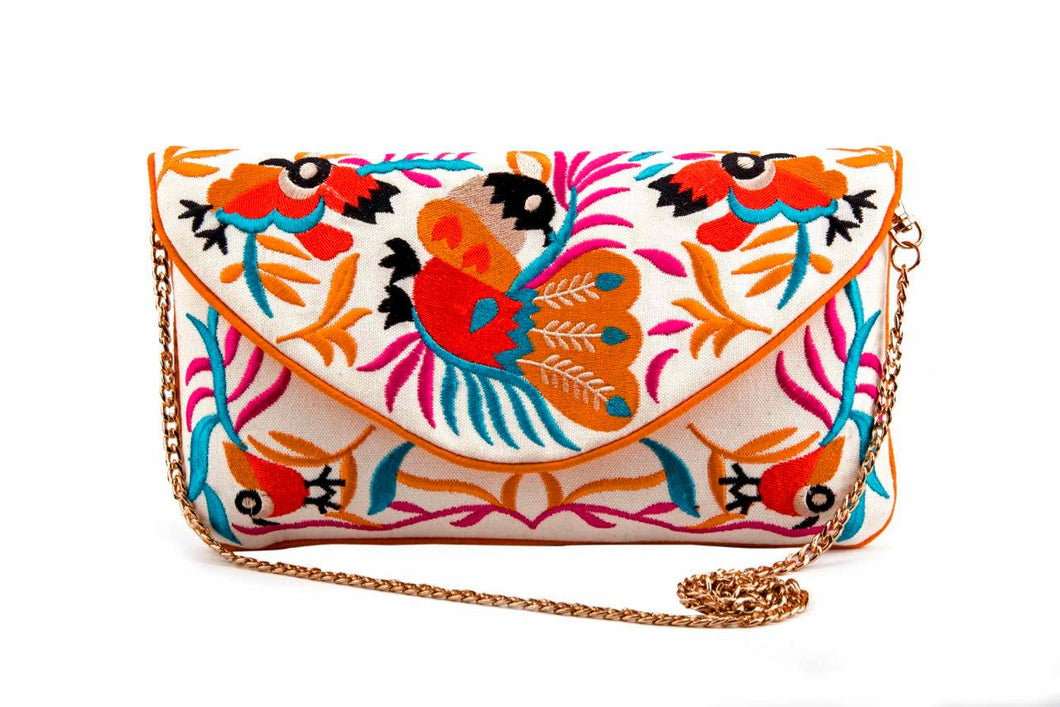 Embroidered Envelope Bag Clutch with Crossbody Strap