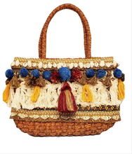 Load image into Gallery viewer, Women&#39;s Brown Embellished Top Handle Straw Tote Handbag
