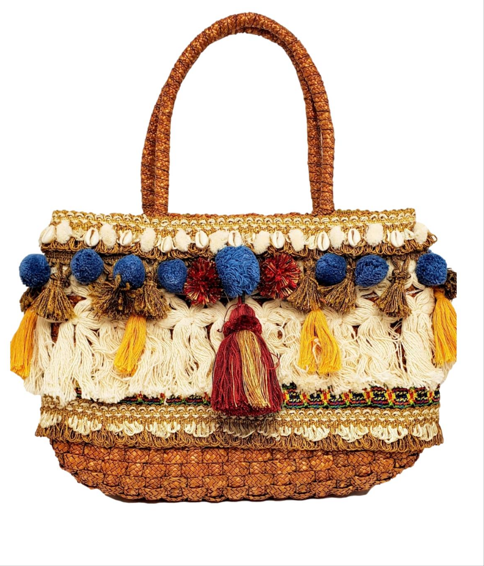 Women's Brown Embellished Top Handle Straw Tote Handbag