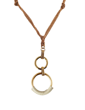 Load image into Gallery viewer, Women&#39;s Gold Tone Chain Necklace with Eternity Circle Pendant Wrapped in Gray Leather
