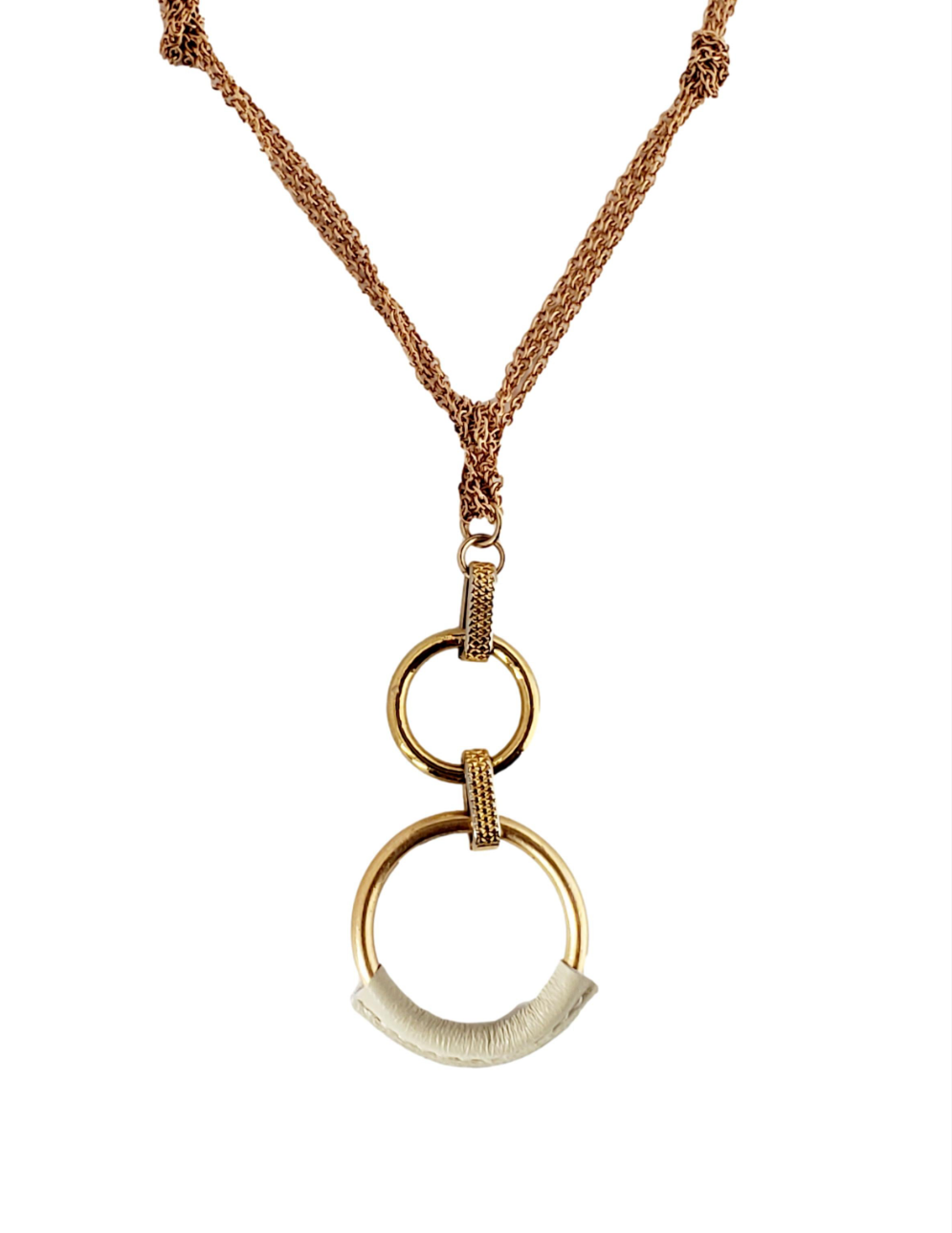 Women's Gold Tone Chain Necklace with Eternity Circle Pendant Wrapped in Gray Leather