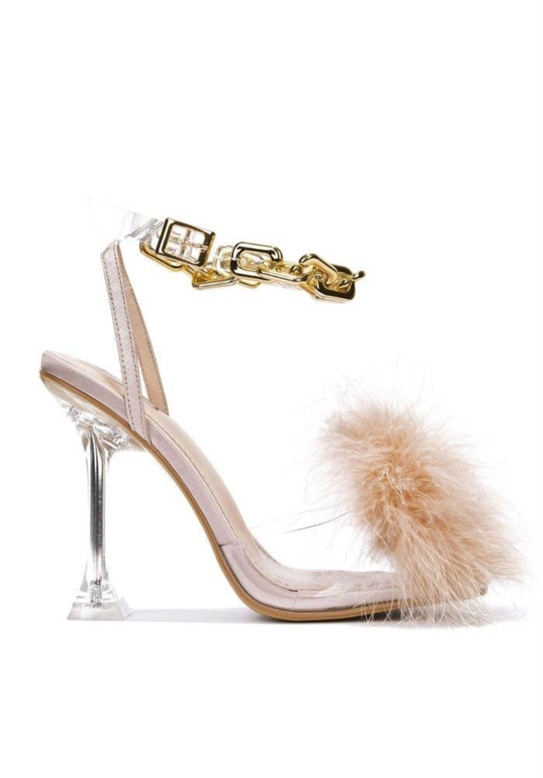 Women's Neutral Beige Feather/PVC Sandal with See-through Pedestal Heel Special Occasion Shoe