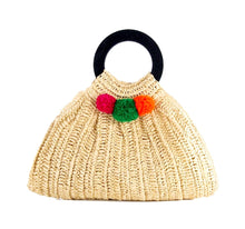 Load image into Gallery viewer, Women&#39;s Shiraleah Rio Tote Natural Straw Handbag with Wood Handles and Colorful Pompoms
