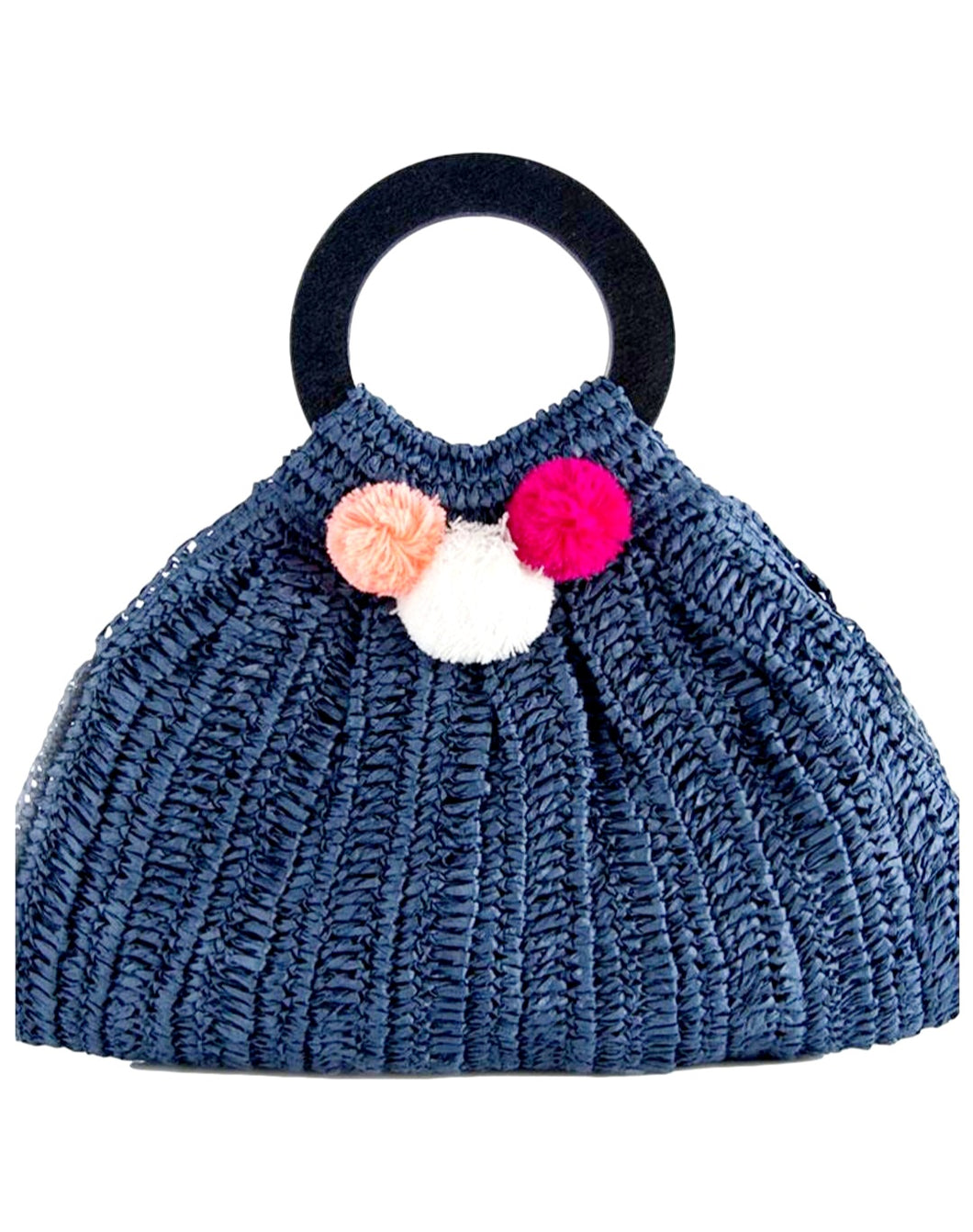 Women's Blue Straw Handbag with Wood Handles and Colorfull Pompoms