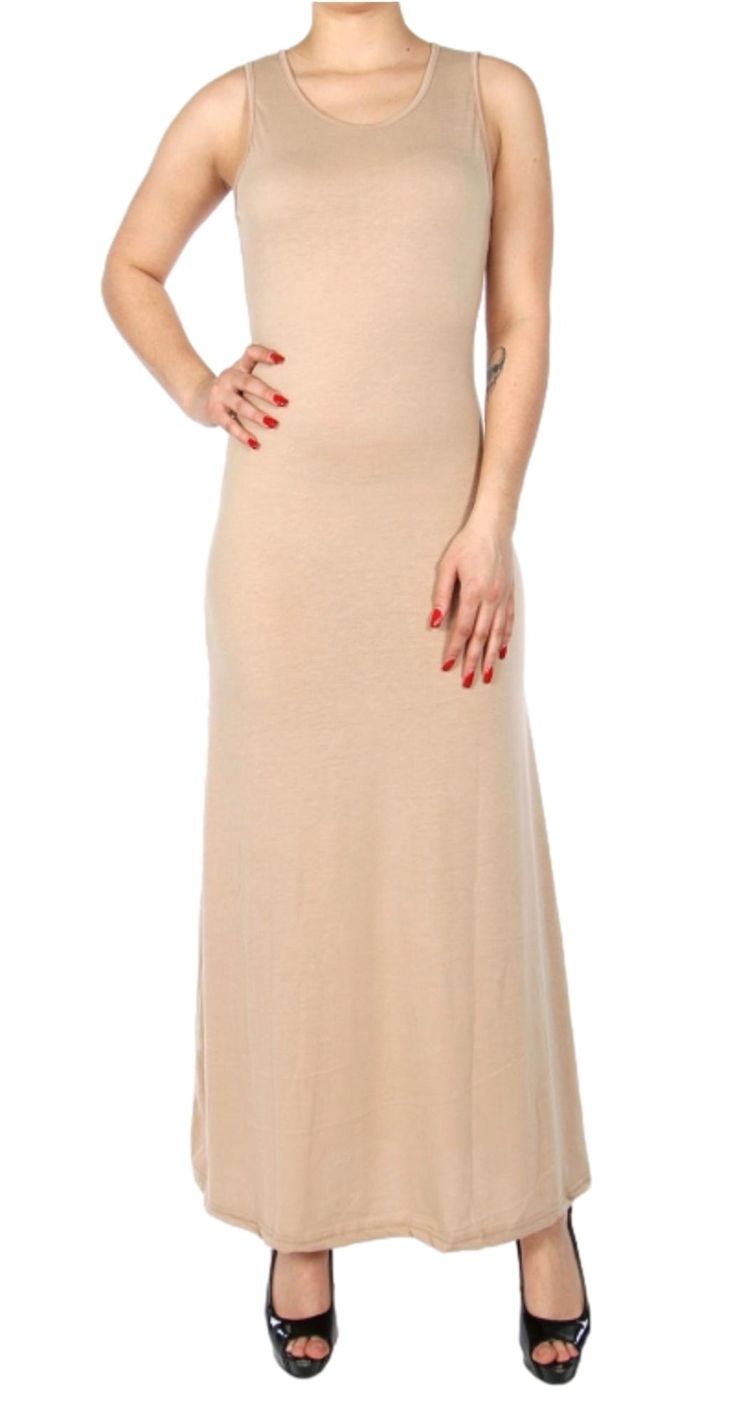 Women's Sassy Maxi Dress in Neutral Tone Beige and Gray with Slash Detail on Back in Beige or Gray