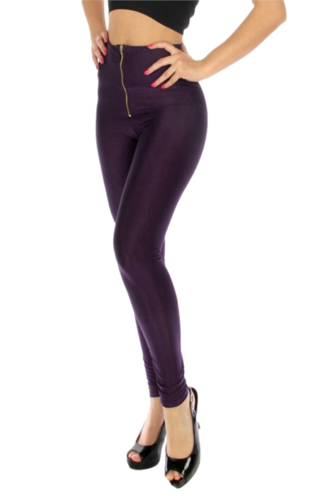 Women's Purple Royal High-waist Zipper Front Shiny Stretch Leggings