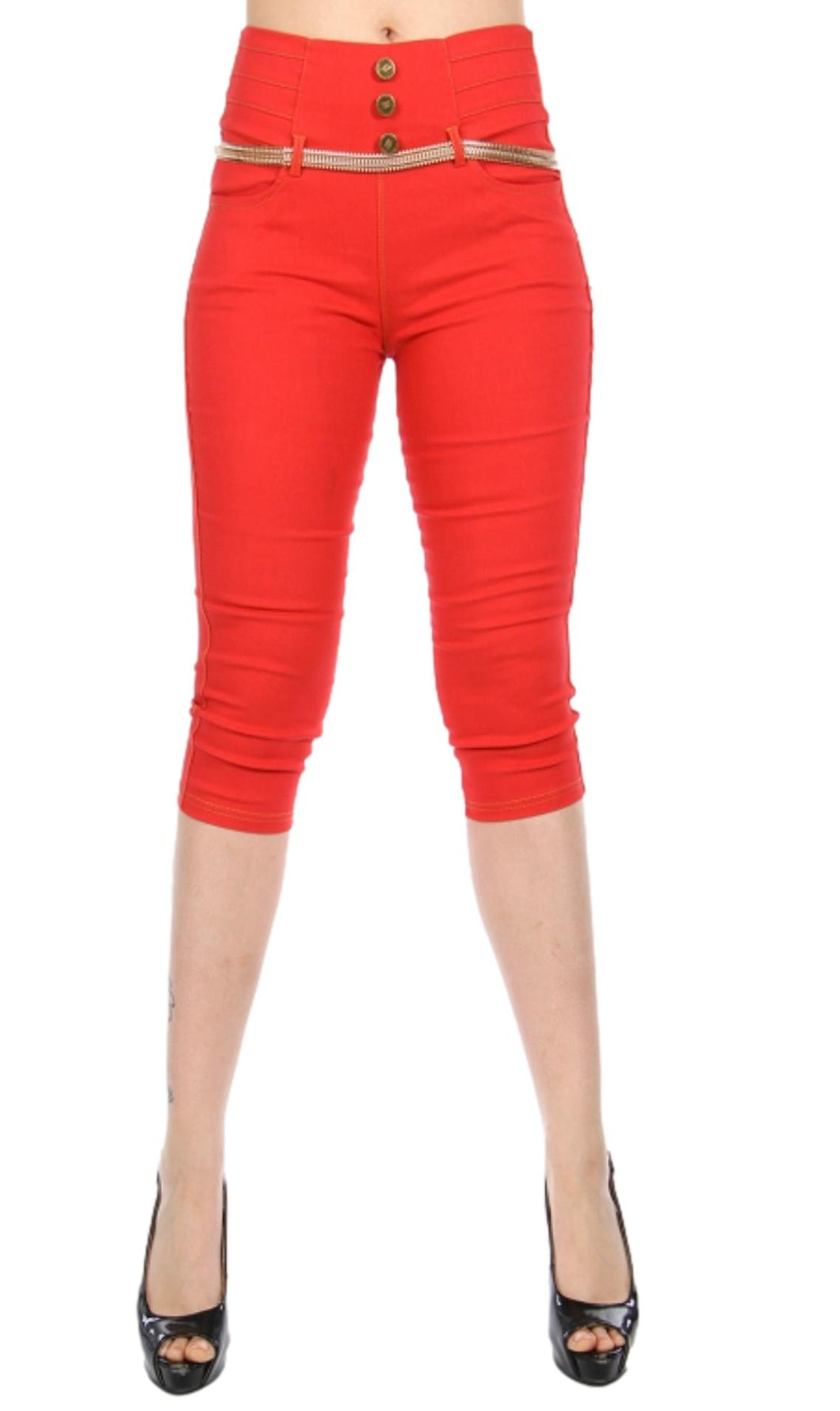 Women's Red Comfy and Versatile High-waist Capri Stretch Jeggings