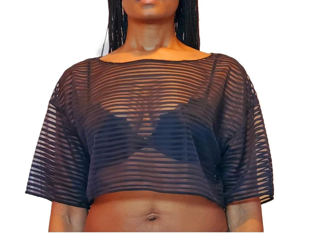 Women's Black Sheer Striped Crop T-Shirt Top