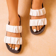 Load image into Gallery viewer, White Faux Leather Double Strap Ruched Slider Sandals
