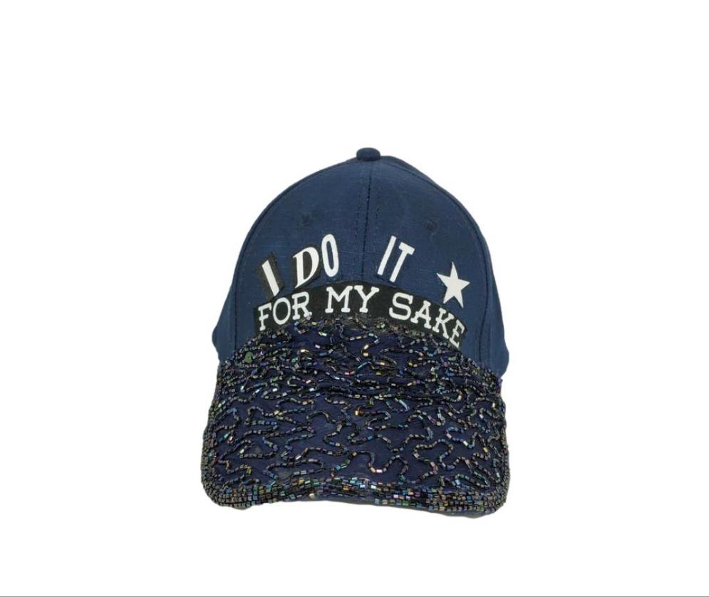 Women's Navy-Blue Wordy Sequin Embellished Brim Baseball Hat
