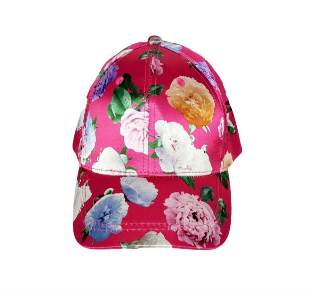 Women's Floral Print Satin Baseball Hat in Pink or Black