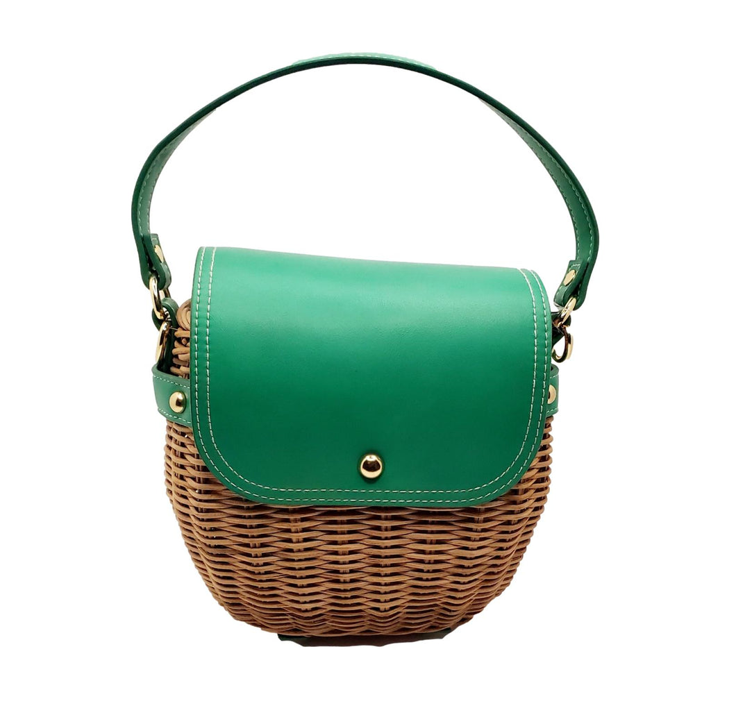 Women's Green Leather and Straw Top Handle Handbag