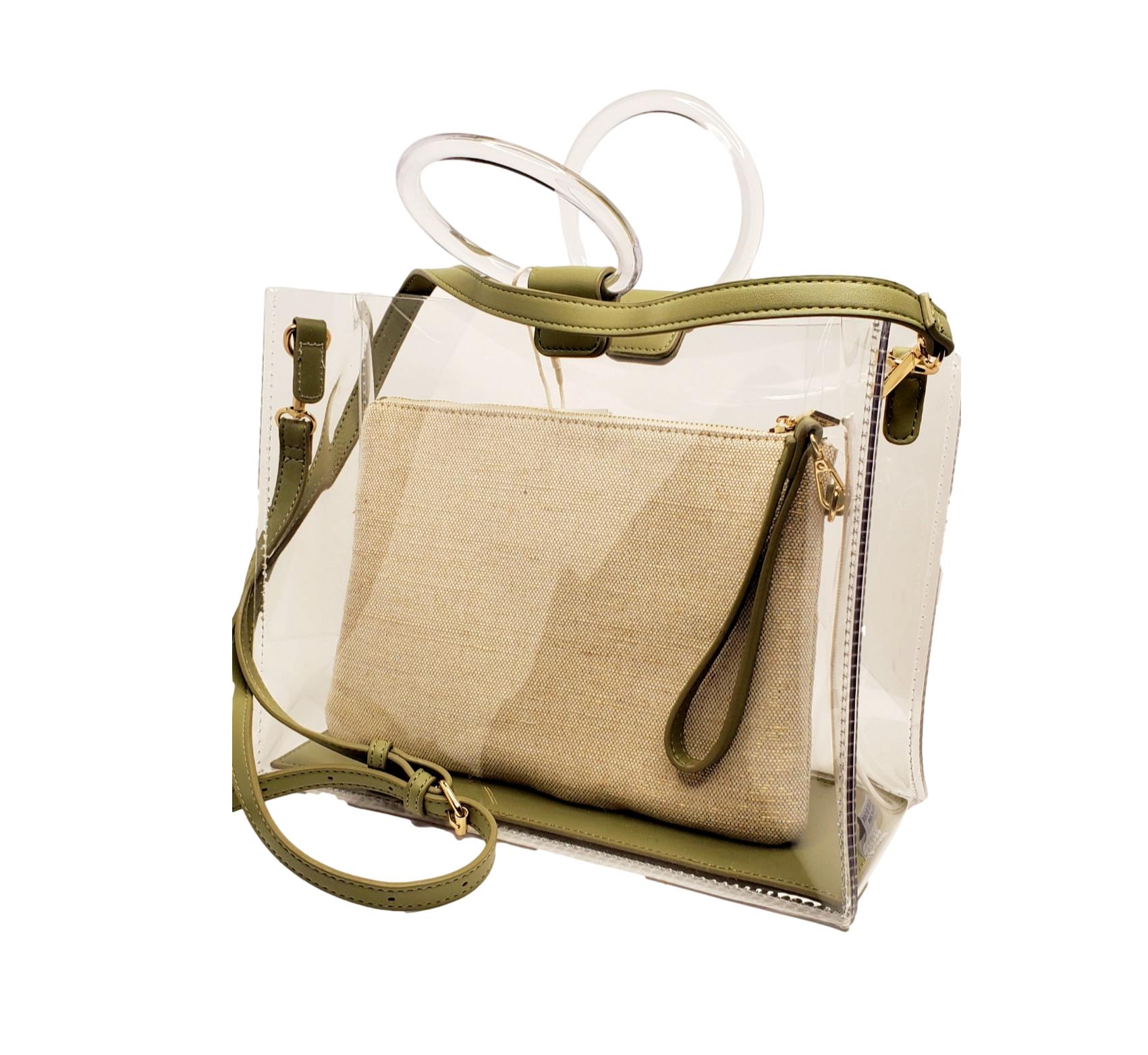 Women's Clear PVC Satchel Tote with Sage Green Crossbody Strap & Beige ...