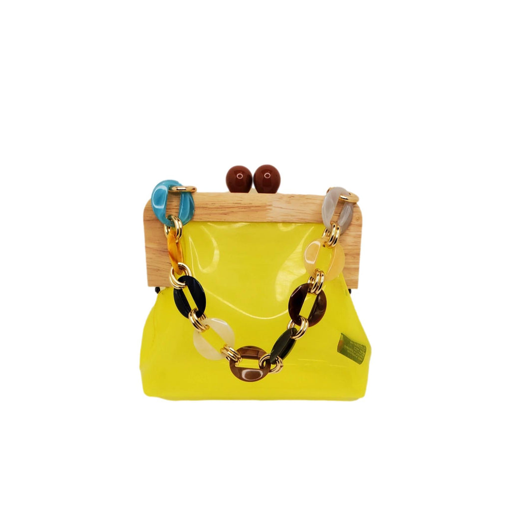 Yellow PVC Chain Handle Handbag with Kiss Lock and Crossbody Strap