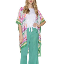 Load image into Gallery viewer, Women&#39;s Green &amp; Pink Water Color Print  Kimono Style Kaftan Cover-up
