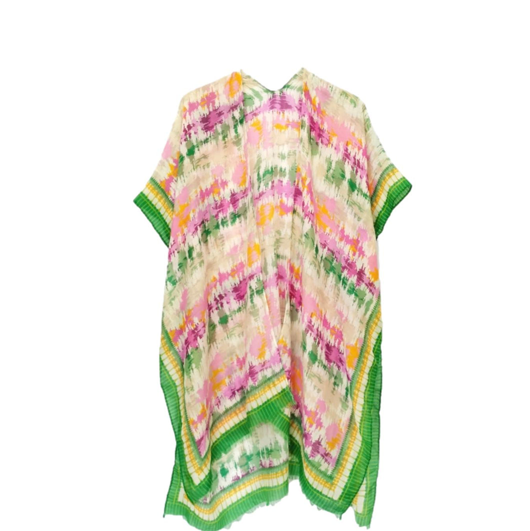 Women's Green & Pink Water Color Print  Kimono Style Kaftan Cover-up