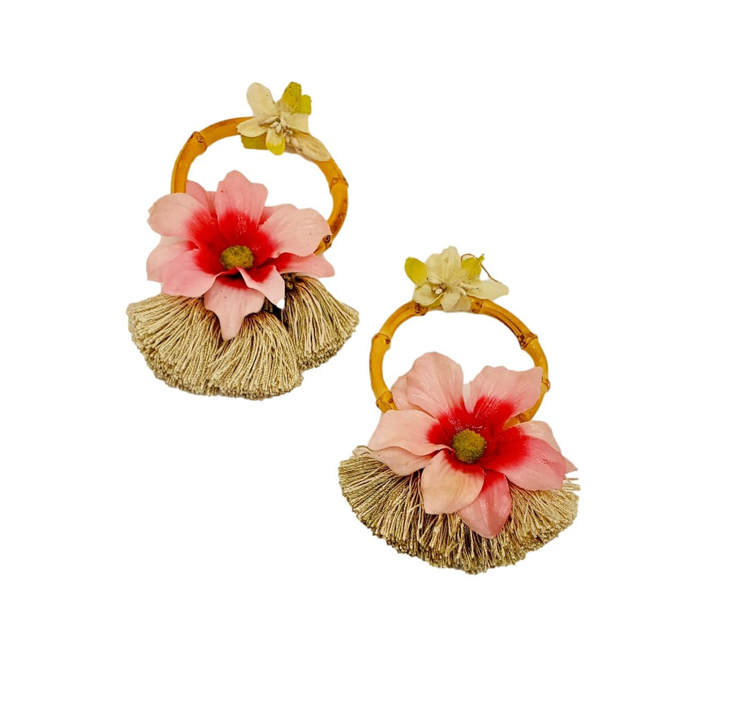 Handcrafted Pink Floral & Bamboo Oversized Earrings